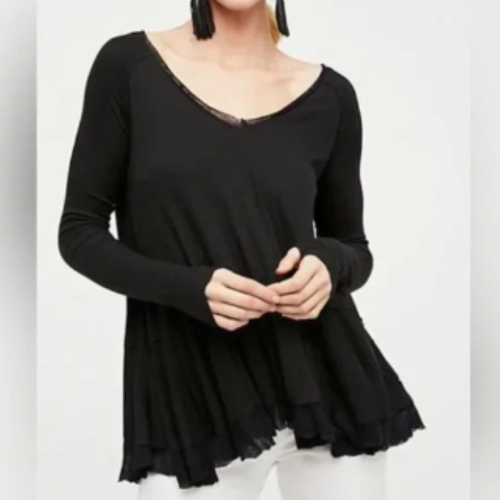 Free People Black Tangerine V-neck Long Sleeve Layered Hem Flowy Top S